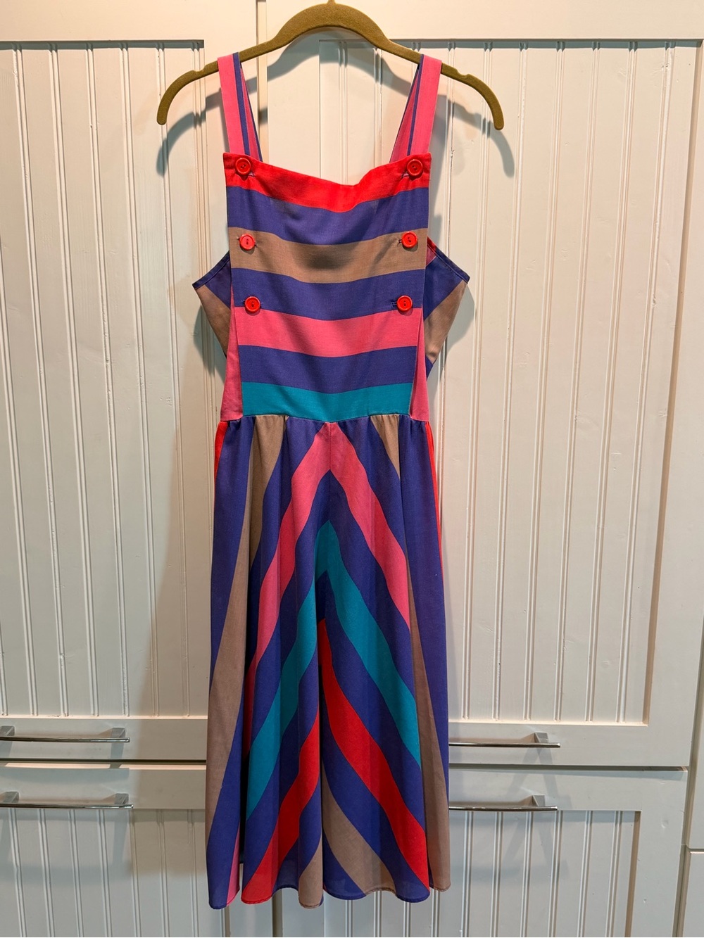 Vintage Colorblock Striped Sundress - Pink, Purple, Teal, Red, Tan - M